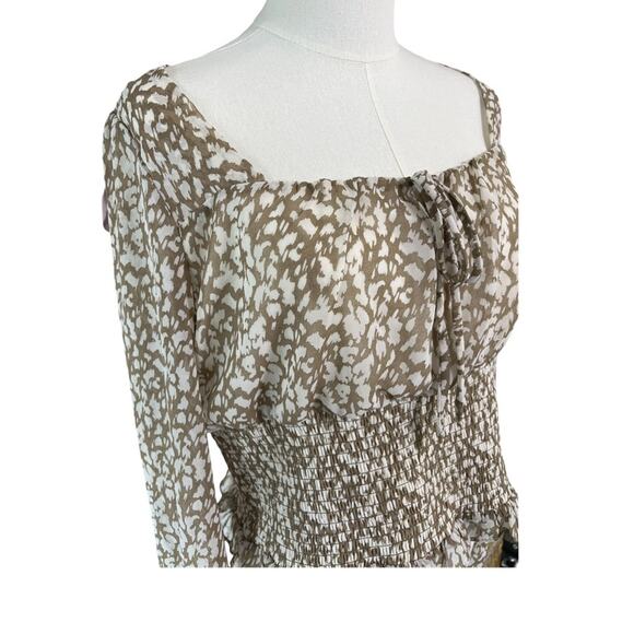 Nine Britton Cream Tan Pattern Smocked Sheer Blouse | Size L | Long Sleeve - Picture 3 of 8